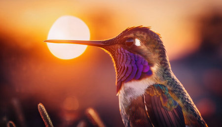 Brightly colored hummingbird showcases iridescent plumage while basking in the warm glow of a sunrise, revealing fine details.の素材