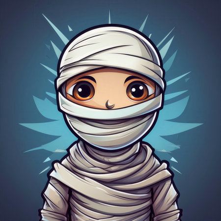 A cheerful mummy character with big eyes and a playful expression, wrapped in bandages, set against a vibrant blue background.の素材