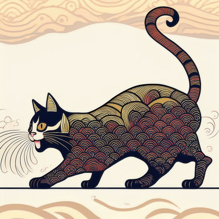 A cat moves gracefully while crawling down, its back adorned with beautiful Japanese wave patterns and its mouth open in curiosity.の素材