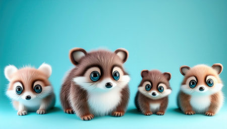 A group of adorable small animals with large eyes and fluffy fur sit against a soothing light blue backdrop, appealing and charming.の素材