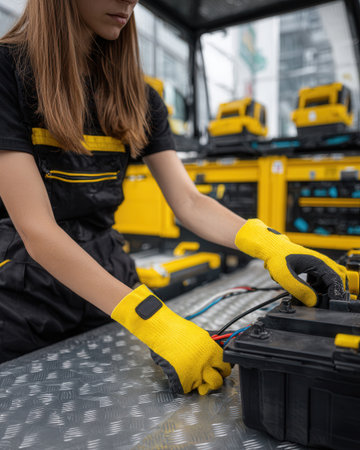 A female mechanic in yellow gloves is intently replacing a battery in a busy workshop demonstrating her expertise and attention to detail in vehicle maintenance.の素材