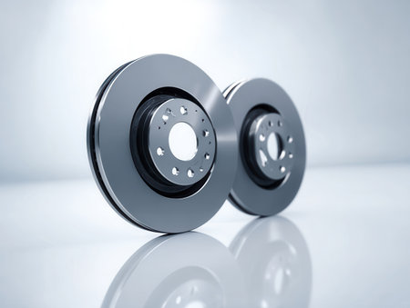 Brake disc is shown clearly against a white backdrop emphasizing its smooth surface and precise details ideal for understanding its construction and function.の素材