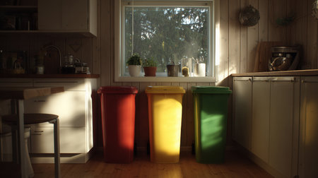 Bright sunlight filters through a window illuminating three color-coded waste bins lined up in a cozy kitchen creating a neat and organized appearance.の素材