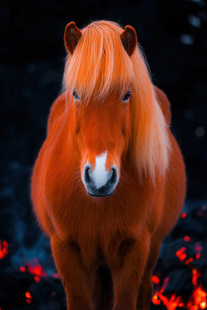 A close view of a striking red stallion displays its vibrant coat and strong build against a dark background. The scene captures the essence of untamed beauty at dusk.の素材