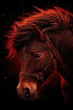 This stunning shot reveals a powerful red stallion with a thick mane and an intense expression. The background adds depth enhancing the majestic nature of the horse.の素材