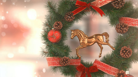 beautiful Christmas frame is decorated with lush pine branches and vibrant red and gold accents featuring a striking golden horse center creating a festive atmosphere.の素材