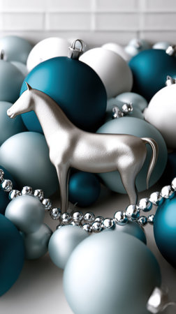 silver horse stands proudly among a cluster of blue and white ornaments presenting a beautiful holiday display that captures the spirit of Christmas in winter.の素材