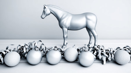 A silver horse statue stands proudly on a light surface surrounded by elegant white ornaments creating a festive ambiance perfect for Christmas celebrations.の素材