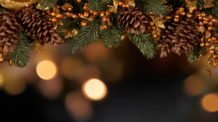 This Christmas frame features lush pine branches vibrant berries and sparkling accents creating a warm and inviting holiday setting ideal for seasonal decorations.の素材