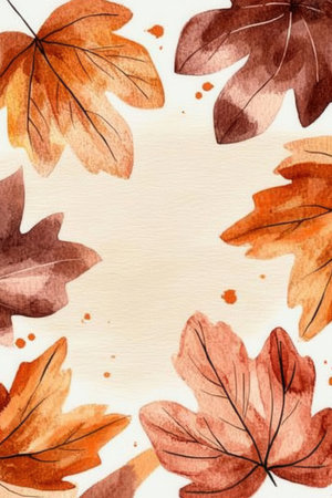 Colorful watercolor leaves in shades of orange and brown frame a light background. This artwork captures the essence of autumn in a simple elegant style.の素材