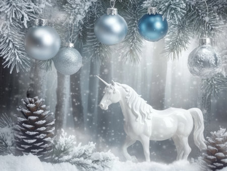 Frosted pine branches adorned with silver ornaments surround a white unicorn figurine creating a serene winter atmosphere perfect for Christmas festivities.の素材