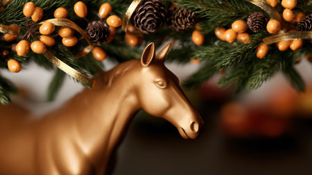 Festive scene with a striking golden horse intertwined with lush pine branches and bright berries creating a warm holiday atmosphere in a cozy settingの素材