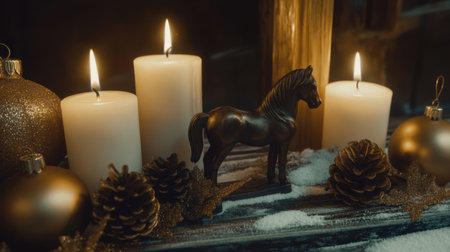 Candles glow warmly beside golden ornaments and pine cones creating a festive atmosphere perfect for winter gatherings and holiday celebrations.の素材