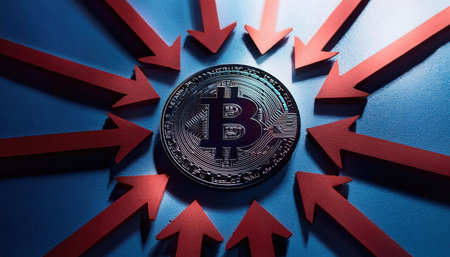 Illustration of a bitcoin logo surrounded by multiple red arrows pointing downwards, illuminated by a subtle red firefly light, symbolizing market decline.の素材