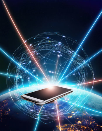 A sleek smartphone emits bright light lines, representing global connectivity and advanced technology in a digital world.の素材