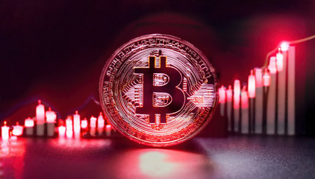 A striking red glow highlights the cryptocurrency logo against a backdrop of ascending price charts, portraying a surge in market value and interest.の素材