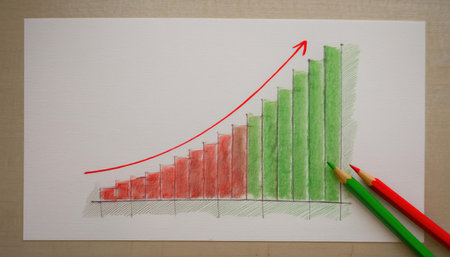 A hand-drawn graph shows an indicator that fluctuates over time, initially declining in red, then rising dramatically in green, indicating overall growth.の素材