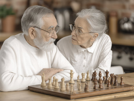 An elderly couple sits closely at a wooden table engaged in a lively chess game surrounded by warm kitchen decor on a serene afternoon.の素材