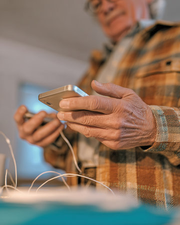 Hands of an elderly man hold a smartphone and earphones in a warm indoor space showing his engagement with technology in a relaxed setting.の素材