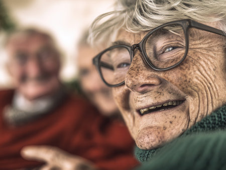 In a warm and inviting space an elderly woman enjoys laughter with her friends showcasing genuine happiness on a bright and cheerful afternoon.の素材