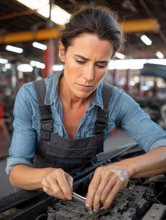 In a busy auto repair shop a skilled female mechanic concentrates as she works on an engine demonstrating her expertise with tools and dedication to her craft.の素材