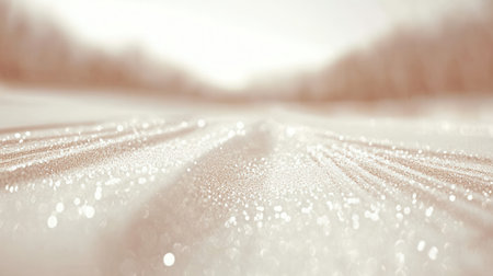 A tranquil winter scene unfolds with soft frost on the ground while gentle light highlights the delicate snowflakes creating an ethereal peaceful moment.の素材