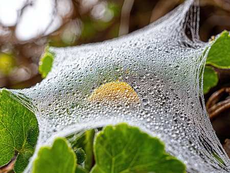 A close-up view reveals a white spiderweb adorned with tiny dew droplets sparkling in the sunlight. Green leaves surround it enhancing the serene atmosphere.の素材