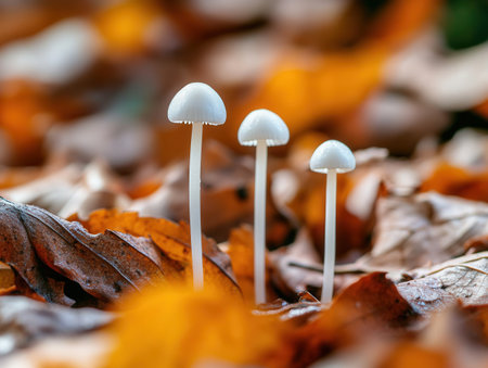 Delicate white fungi caps rise from the forest ground surrounded by vibrant orange and brown leaves showing the beauty of nature in the fall season.の素材