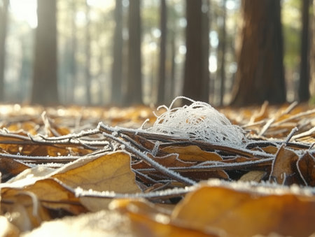 Close-up of frost-covered pine needles reflecting sunlight amidst a layer of autumn leaves creating a serene and magical winter atmosphere in the woods.の素材
