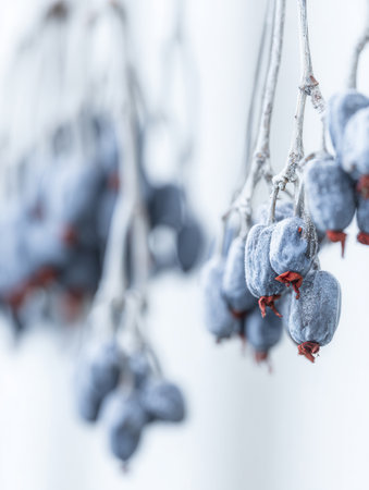 Frost coats the berries clinging to thin branches creating a magical winter scene that captures the stillness and beauty of the season.の素材