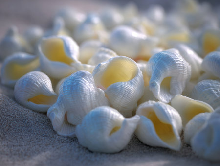 Seashell fragments lie scattered on the sand displaying their smooth surfaces and delicate curves under the warm sunlight creating a serene coastal scene.の素材