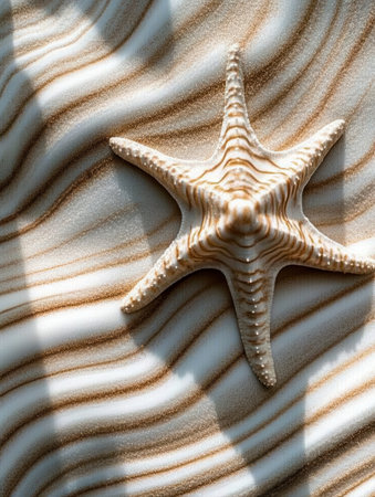The white starfish showcases intricate textures as it rests on the sandy beach with gentle waves lapping nearby. The sunlight highlights its unique patterns.の素材