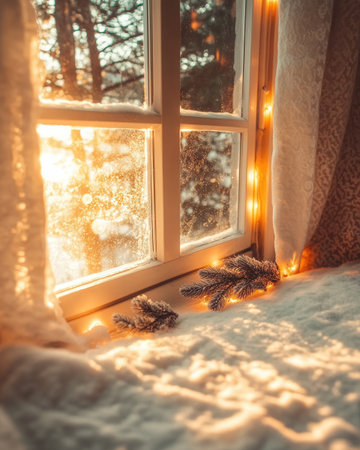 Sunlight filters through a frosty window illuminating delicate ice patterns. Soft light bathes the room creating a warm atmosphere for celebrating the New Year.の素材