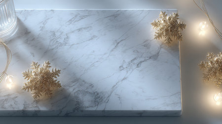 New Year celebration setup showcases a white marble background embellished with golden snowflakes and decorative lights creating a festive atmosphere.の素材