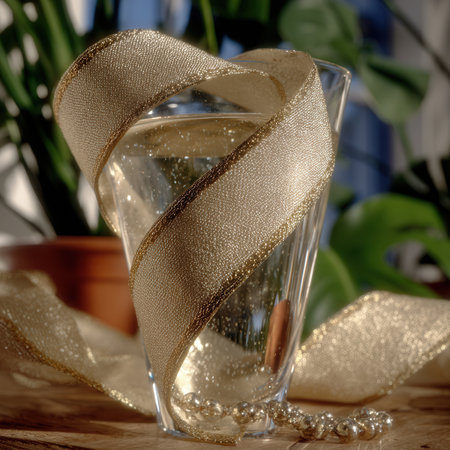 A glass filled with sparkling liquid showcases luxury golden ribbons spiraling around it enhancing the New Year celebration in a warm inviting atmosphere.の素材