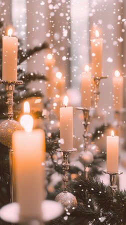 Blurred warm candlelight shines in a cozy setting while gentle snowflakes fall outside adding a serene touch to New Year festivities.の素材