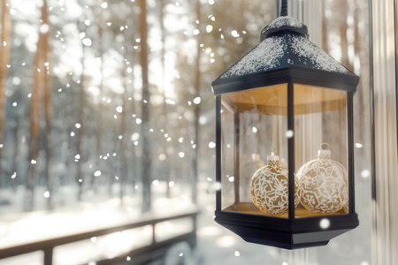 A beautiful lantern hangs softly in the snow showcasing golden ornaments inside. Snowflakes gently fall creating a serene New Year atmosphere in the woods.の素材