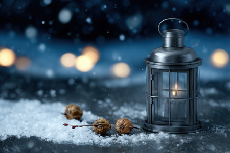 Delicate snowflakes fall softly on a winter scene featuring a lantern winter decorations and the warm glow inviting joy during New Year festivities.の素材