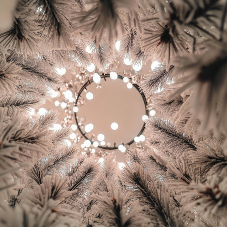 A top view captures frosted pine needles surrounding festive lights evoking a cozy New Year atmosphere filled with winter charm and tranquility.の素材