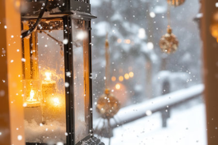 Soft snow falls on a lovely outdoor scene where lanterns glow warmly. Festive decorations add charm creating a cozy atmosphere for New Year celebrations.の素材