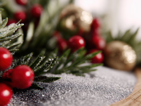 Close-up view of vibrant red berries and shiny golden ornaments surrounded by snow capturing the essence of winter festivities for the New Year.の素材
