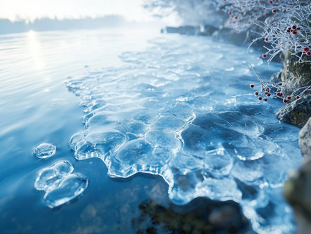 Frosty textures form along lakeside as sunlight dances on the icy surface creating serene scene that captures the essence of winter and the New Year.の素材