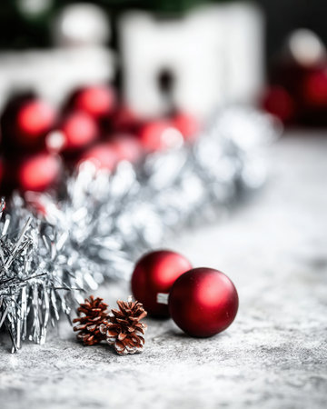 Sparkling silver tinsel intertwines with red ornaments and pinecones bringing a festive feel to a holiday setting perfect for New Year celebrations and events.の素材