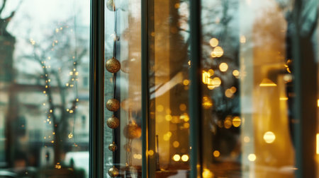 Soft city lights glimmer outside as the New Year approaches reflecting warm tones in a cozy caf filled with holiday spirit and festive decorations.の素材