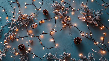 Delicate fairy lights intertwine with pine cones and snowy greenery deep blue surface evoking a joyful New Year celebration full of warmth and light.の素材