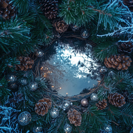 beautiful arrangement of frosted pine needles surrounds a reflective surface featuring pine cones and soft lights that capture the essence of the New Year season.の素材