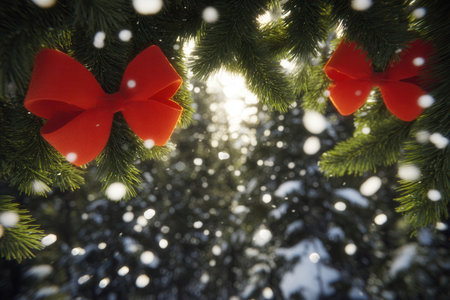 Snow falls gently on pine branches decorated with red bows creating a festive scene that captures the essence of New Year celebrations winter wonderland.の素材
