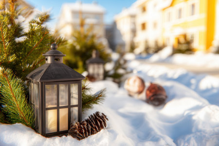 Delightful New Year scene features snowy grounds charming lanterns and evergreen trees all blanketed in snow bringing warmth to a winter neighborhood.の素材