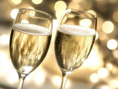 Champagne glasses are clinking together in a New Year celebration with sparkling lights creating a festive atmosphere. This moment radiates happiness and festive cheer.の素材