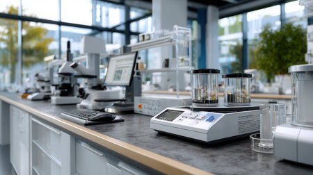 In a spacious laboratory filled with natural light various analytical instruments are arranged on a sleek counter ready for scientific research and analysis.の素材